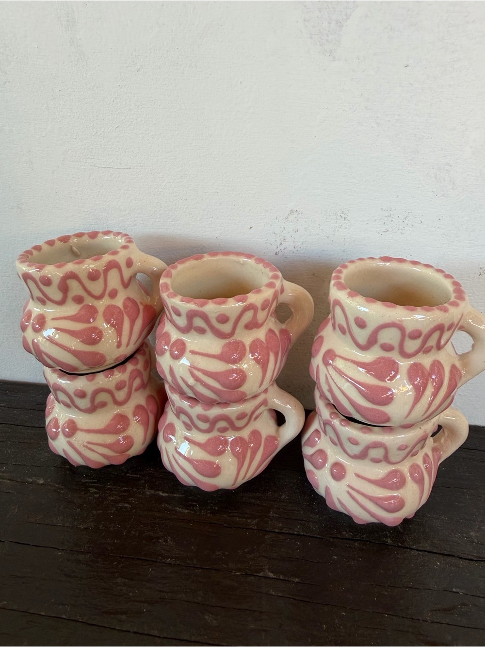 Handmade Cream and Pink Mini Talavera Tequila Mugs - Set of 6